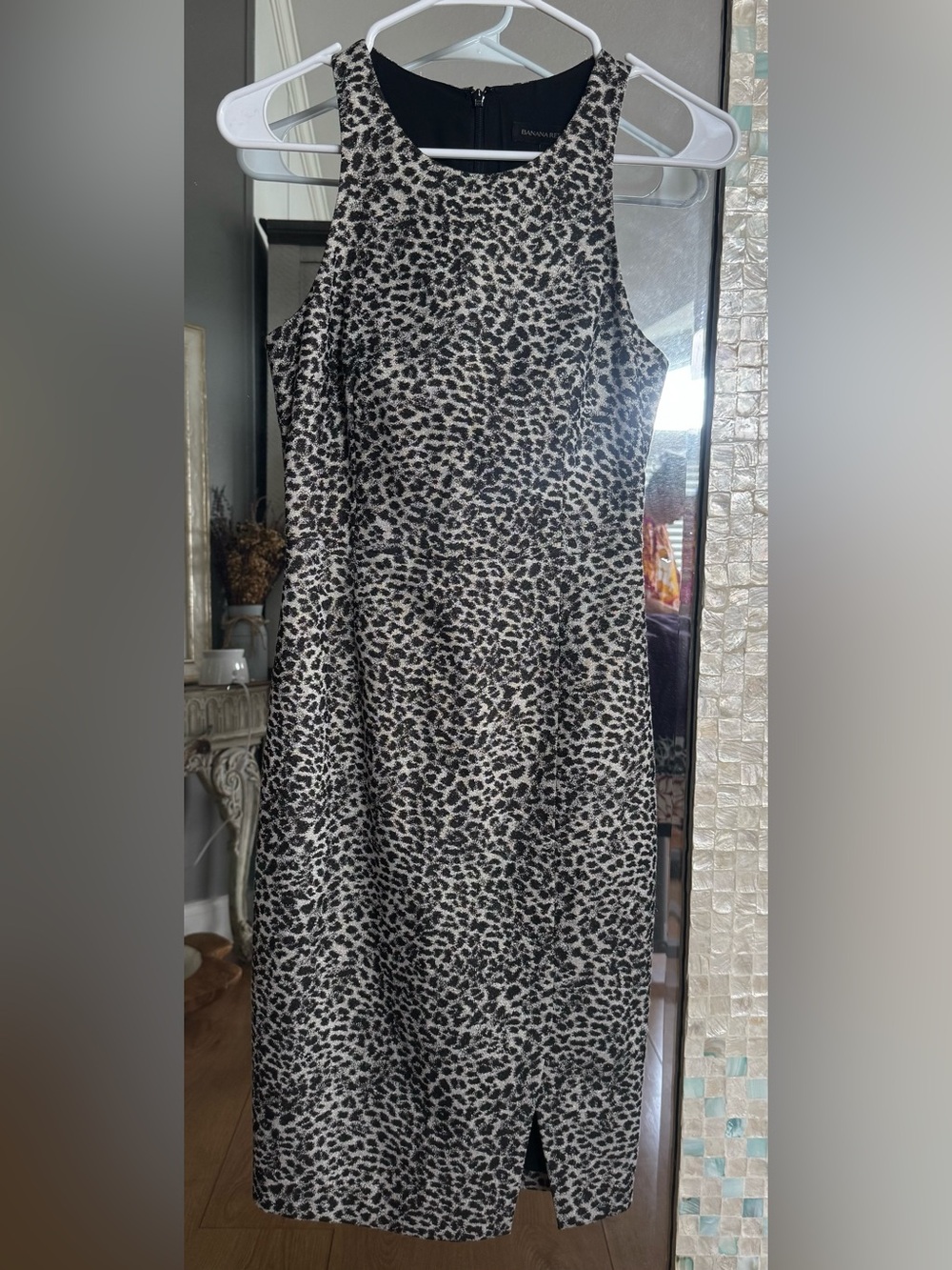 Banana Republic Metallic Leopard Bi-Stretch Sheath Dress, animal print.